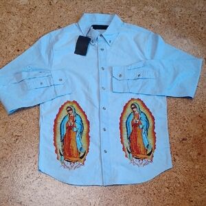 Black Scale Light Blue Guadalupe Cotton Button Down Shirt Size M NWT